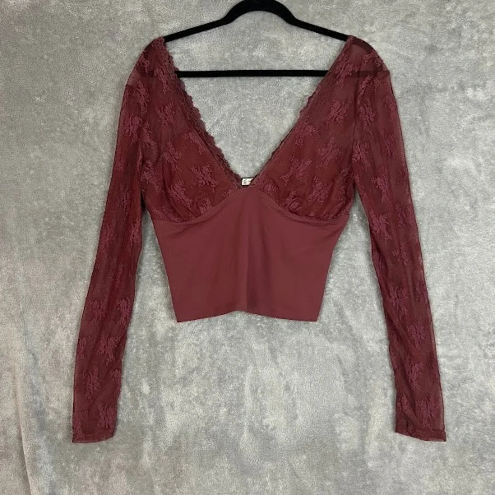 Free People All Day Long Lace Top Womens L Long Sleeve Coquette Boho Romantic